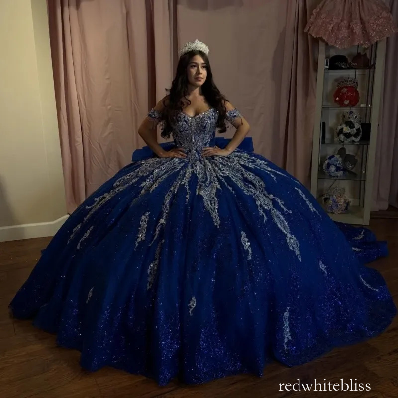 Royal Blue Ball Gown Quinceanera Dresses Applique Lace Beading Crystal Bow Tull Corset Off Shoulder Sweet 16 Dress Vestidos 15 De Anos