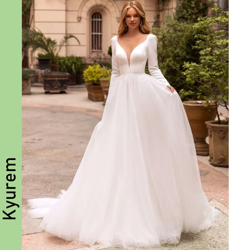 Elegant Wedding Dresses 2026 A-line V Neck Long Sleeves Bridal Gowns Sweep Train Satin Tulle Plus Size Vestidos De Novia Robe De Mariee