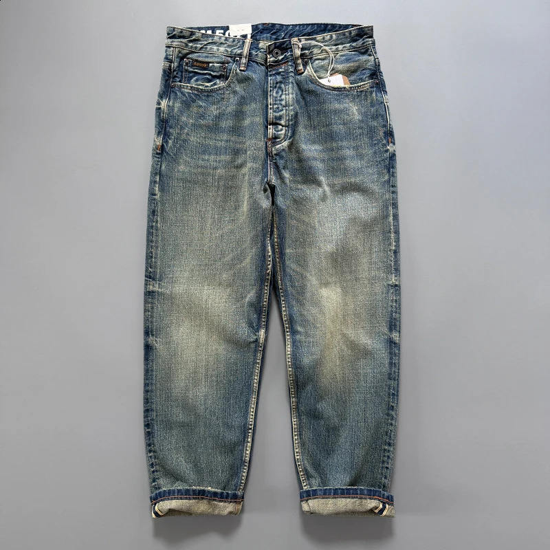135oz Mens Japanese Indigo Blue Selvedge Straight Leg Denim Jeans for Men Artisan Vintage Spring Washed with Raw Hem Detailing 260624