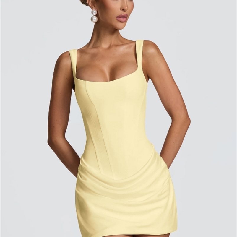 Sexy Women Square-neck Halter Mini Dress Pleated Sleeveless High Waist Backless Bodycon Dresses Summer Lady Party Robes 260625