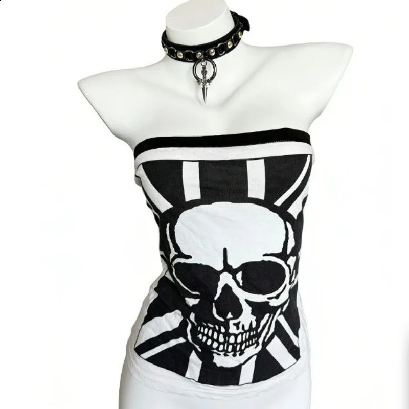 Punk tie Vest American Subculture Skull Print Tanks Vintage Harajuku Fashion Slim Strapless Vest Summer Ladies Sexy Goth Tops 260625