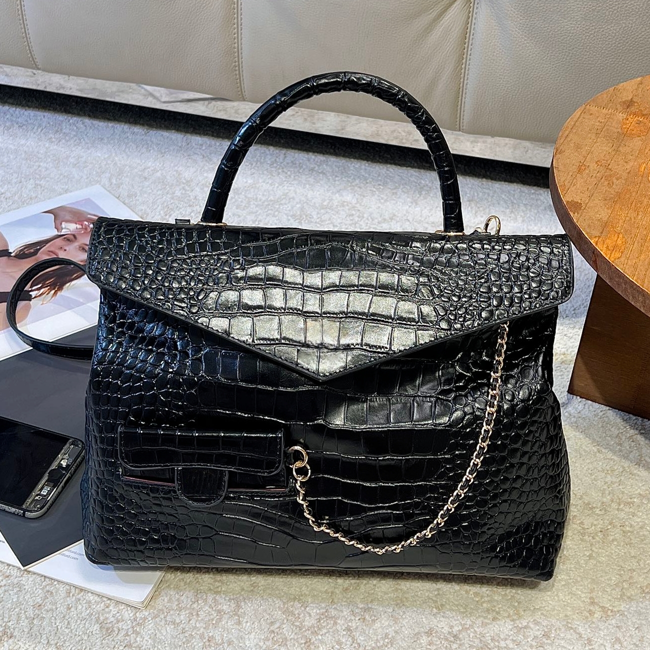 Designer Luxury Brand CC New Crocodile Embossed Flap Bag, 26S Vintage Genuine Leather Handbag for Women with Gold Chain, Versatile Daily Crossbody B