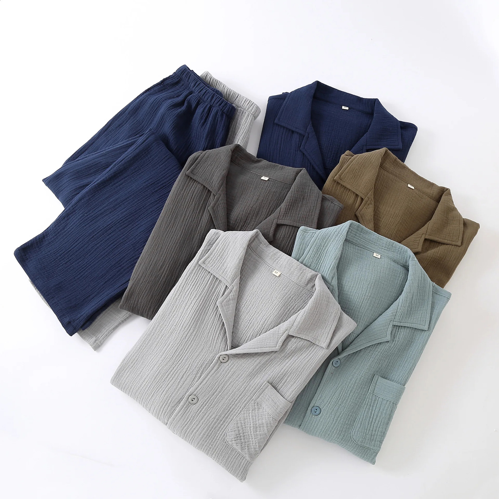 2026 Spring and Autumn Mens Pajama Set 100 Cotton Crepe Cardigan Solid Color Loose Long Sleeve Home Clothes Two Piece 260623