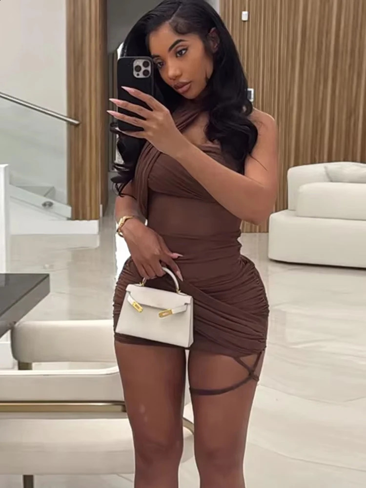 Weird Puss See Through Sexy Women Dress Y2K Cross Bandage Backless Halter Sleeveless Summer Trend Midnight Clubwear Mini Bodycon 260625