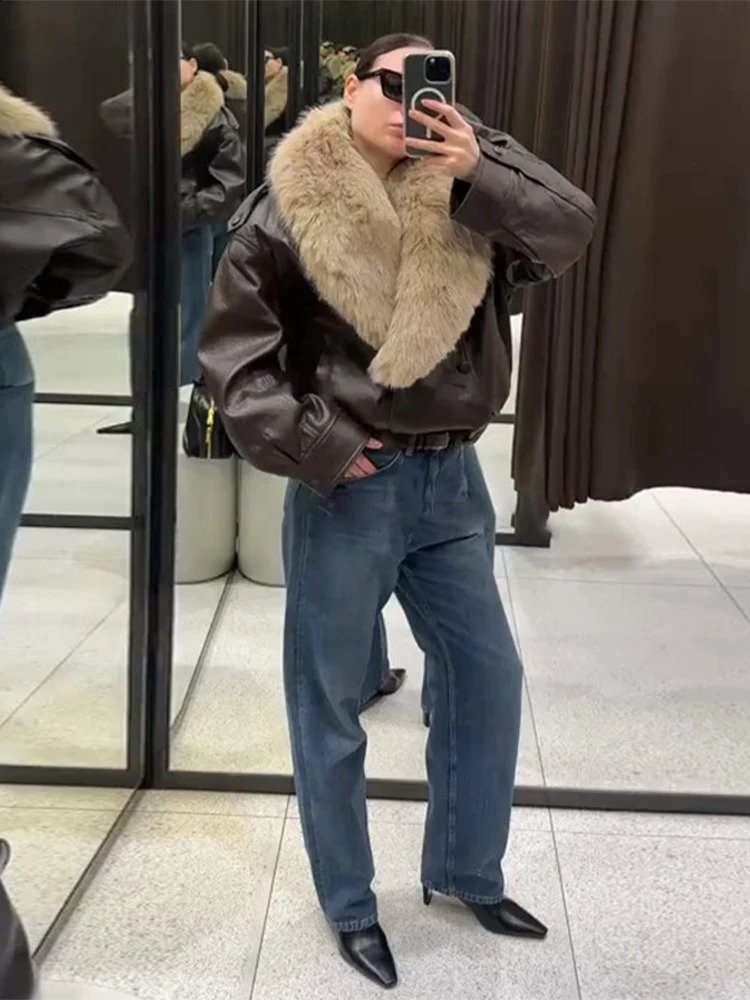 Fashion PU Leather Short Jacket Women Fur Collar Contrast Double-breasted Warm Coat Female Autumn Winter Outwears 260625