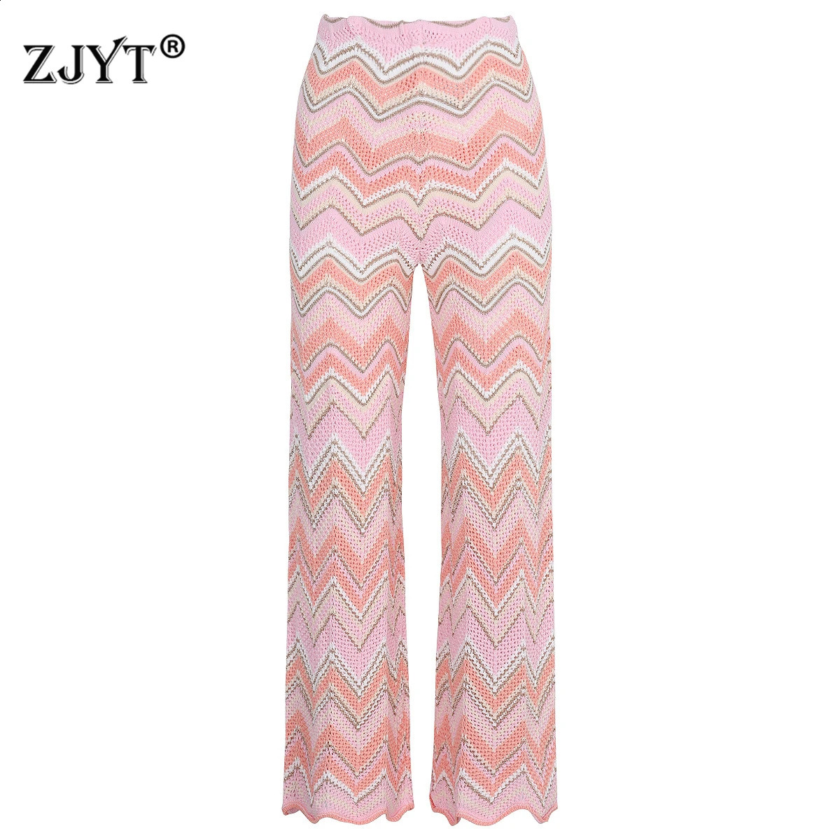 ZJYT Summer Womens Knitted Pants Striped Elastic Waist Retro Wide Leg Casual Trousers Female Bottoms Elegant Woman Clothing 260624