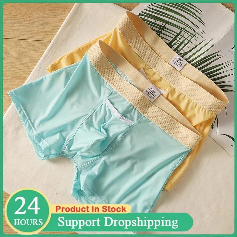 Underpants Men's Boxers Underwear With Open Pockets Ultra-thin Breathable Ice Silk Panties Summer Sports Quick Dry Cool Slim Home Shorts