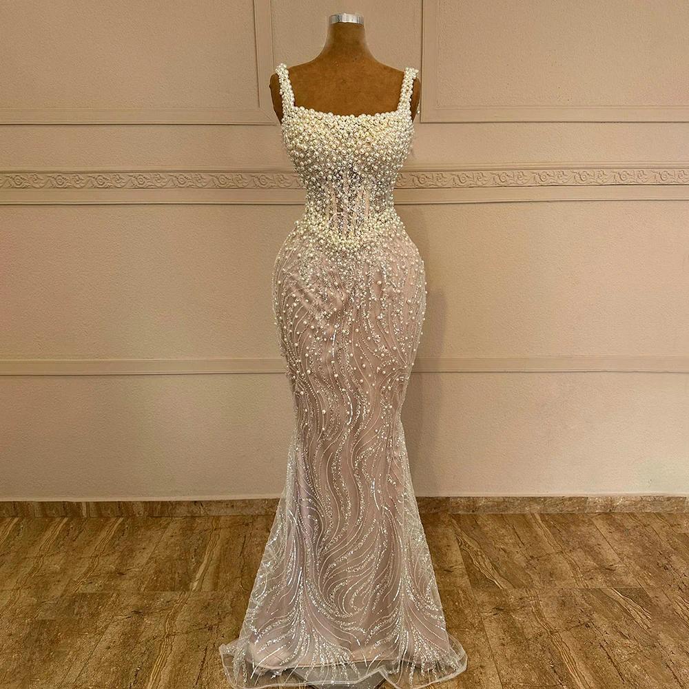 White Nude Spaghetti Strap Evening Dress Gowns Pearls Beading for Formal Occasion party prom gowns custom made color/size Robe De Soiree