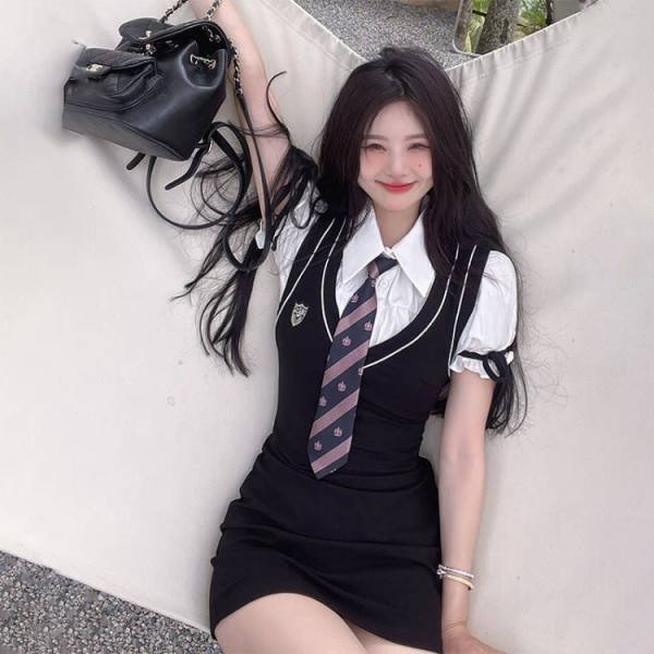 Q0468 Pure desire college style fake two-piece dress short skirt women's summer new waist and thin sweet and spicy style hip-wrapped short skir