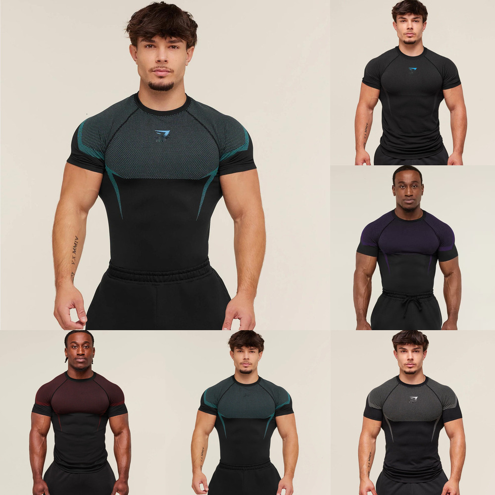 GYM Men's T-shirt sports Tees fitness quick-drying breathable stretchy round-neck short-sleeved gym clothes tight-fitting training wear jogging