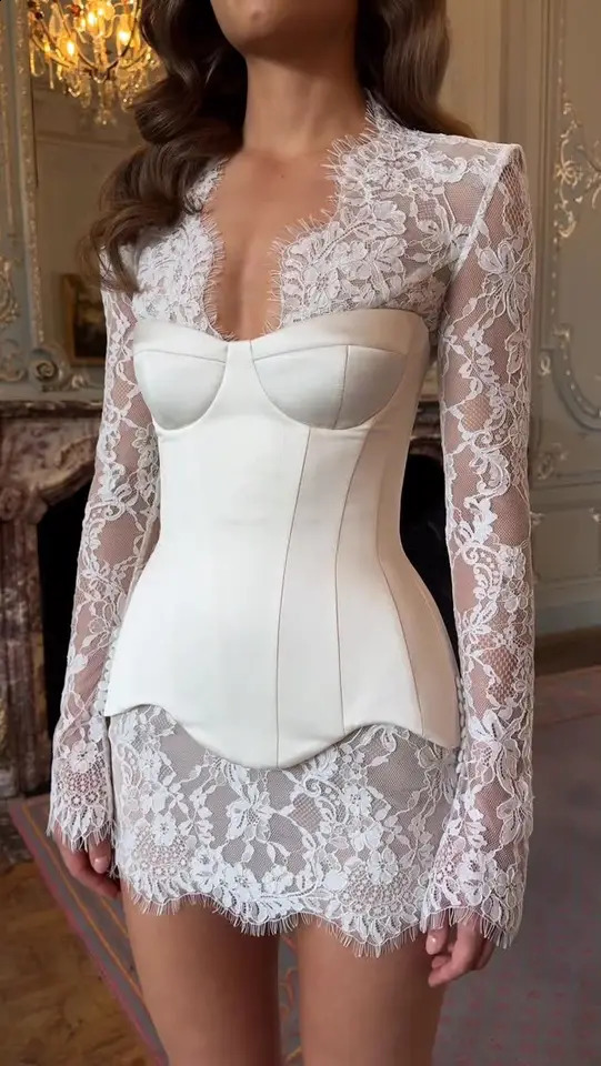Sexy Lace Dress For Women Strapless Fishbone Corset Slim Waist Long Sleeve Mini Dresses Hollow Out Party Two Piece Set 260625
