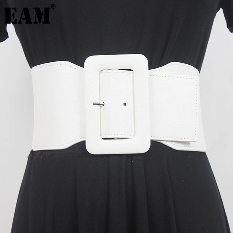 EAM Pu Leather White Irregular Elastic Wide Belt Personality Women Fashion All-match Spring Autumn 2026 1DE7735 260617BJ
