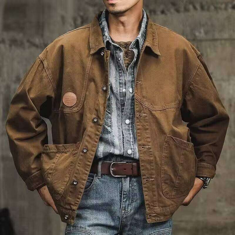 American Retro Tooling Men's Autumn Trendy Brand Loose Casual Brown Vintage Denim Unwaxed Hunting Jacket W260626