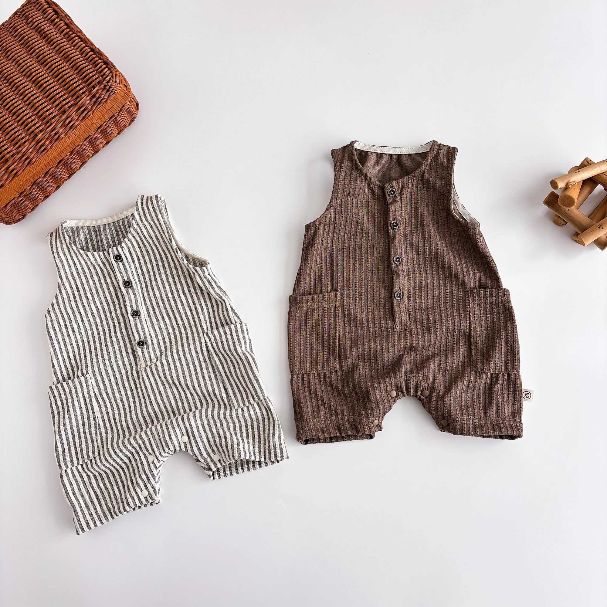 Summer Korean-style striped sleeveless jumpsuit for baby boys and girls baby crew neck pocket jumpsuit suitable for going out Y2606258C7G