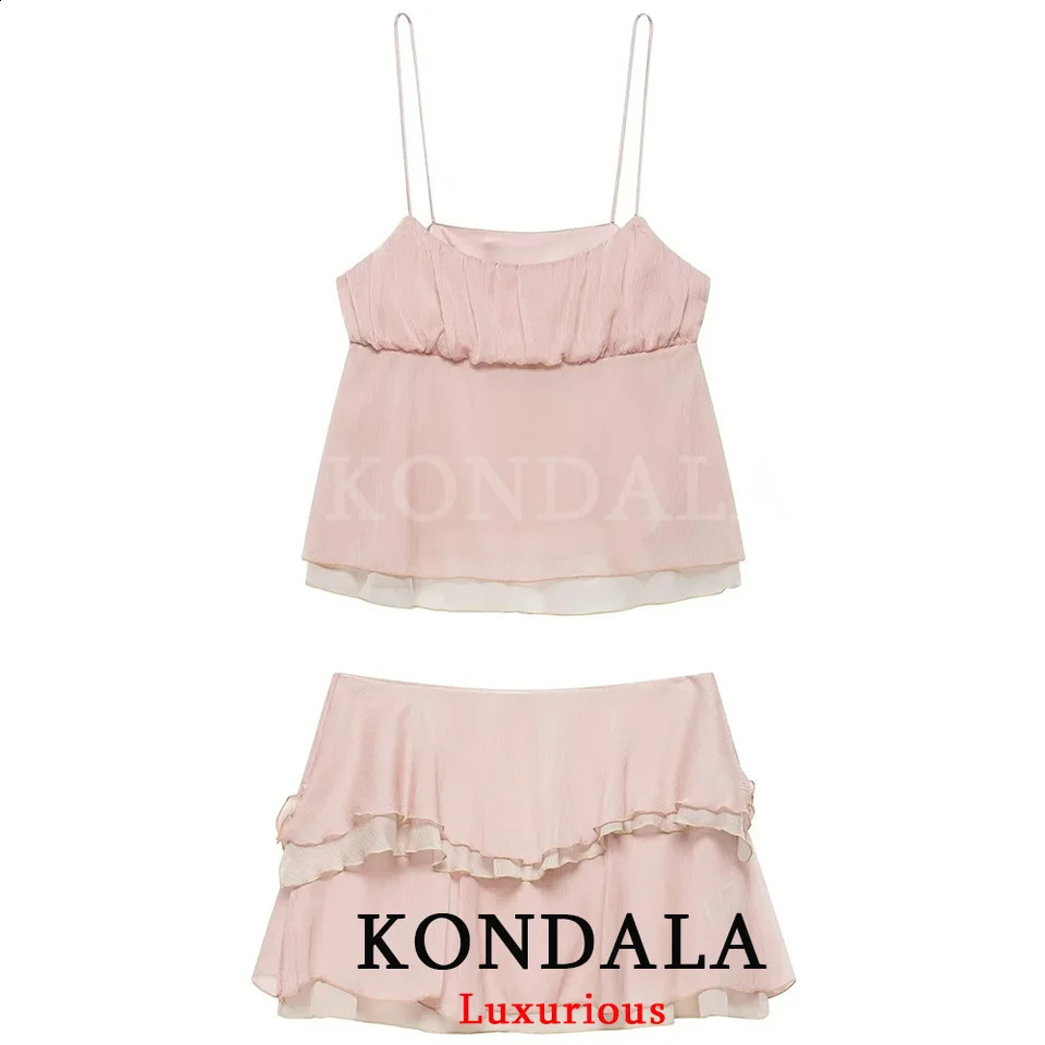 KONDALA Beach Chic Women Skirt Suit Patchwork Sleeveless Zipper Camis Top Tierred Mini Fashion 2026 Spring Summer 260626
