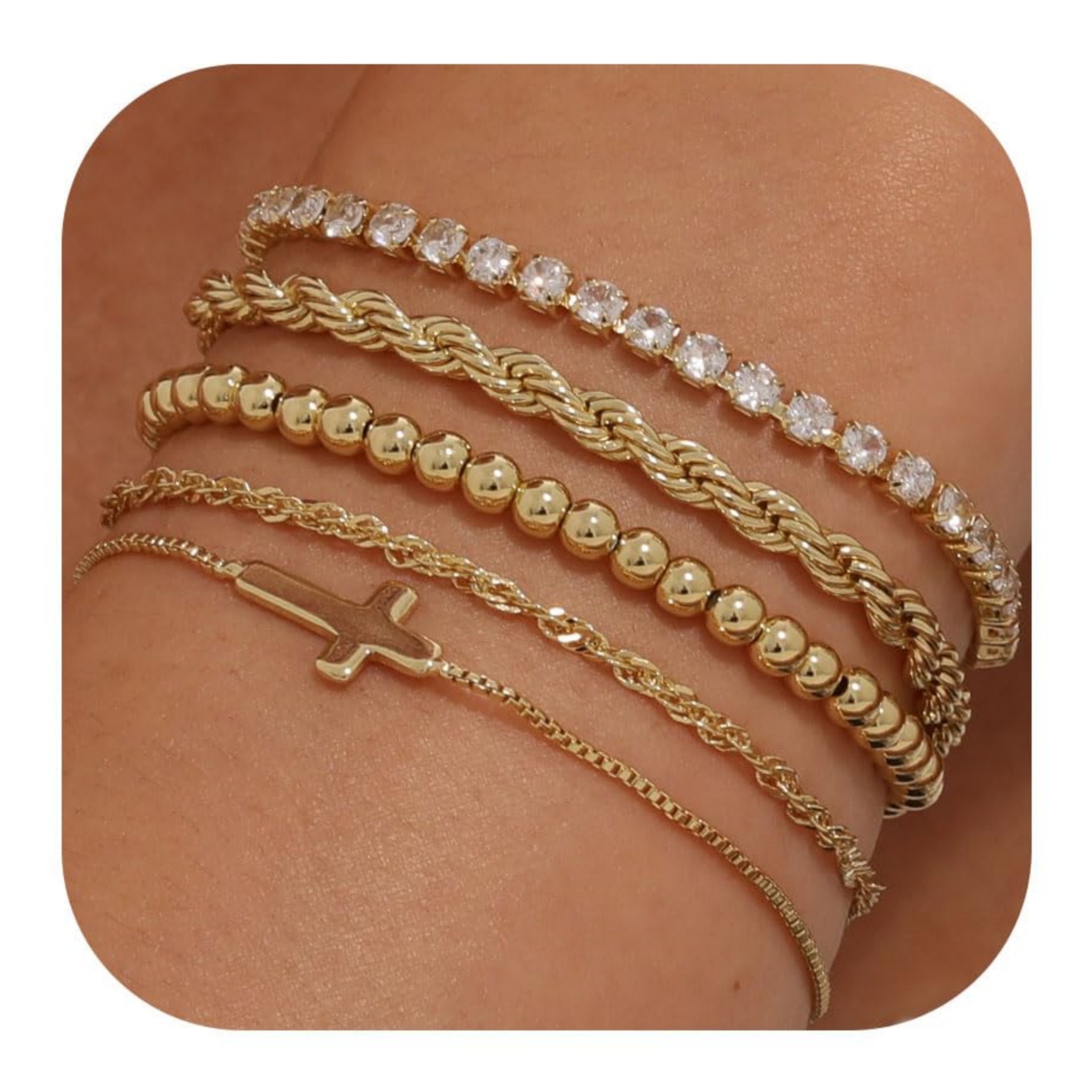 and Hot Brass Real Gold Plated Zirconia Luxury Multi-Layer Stackable Women's Bracelet Set