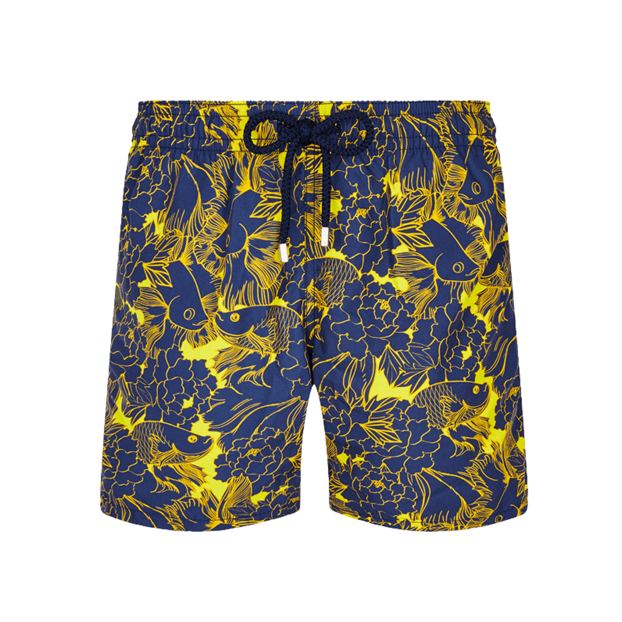 Men's Navy Blue Goldfish Print Swim Trunks Quick Dry Beach Shorts Elastic Waist Matching Drawstring for Summer Holiday