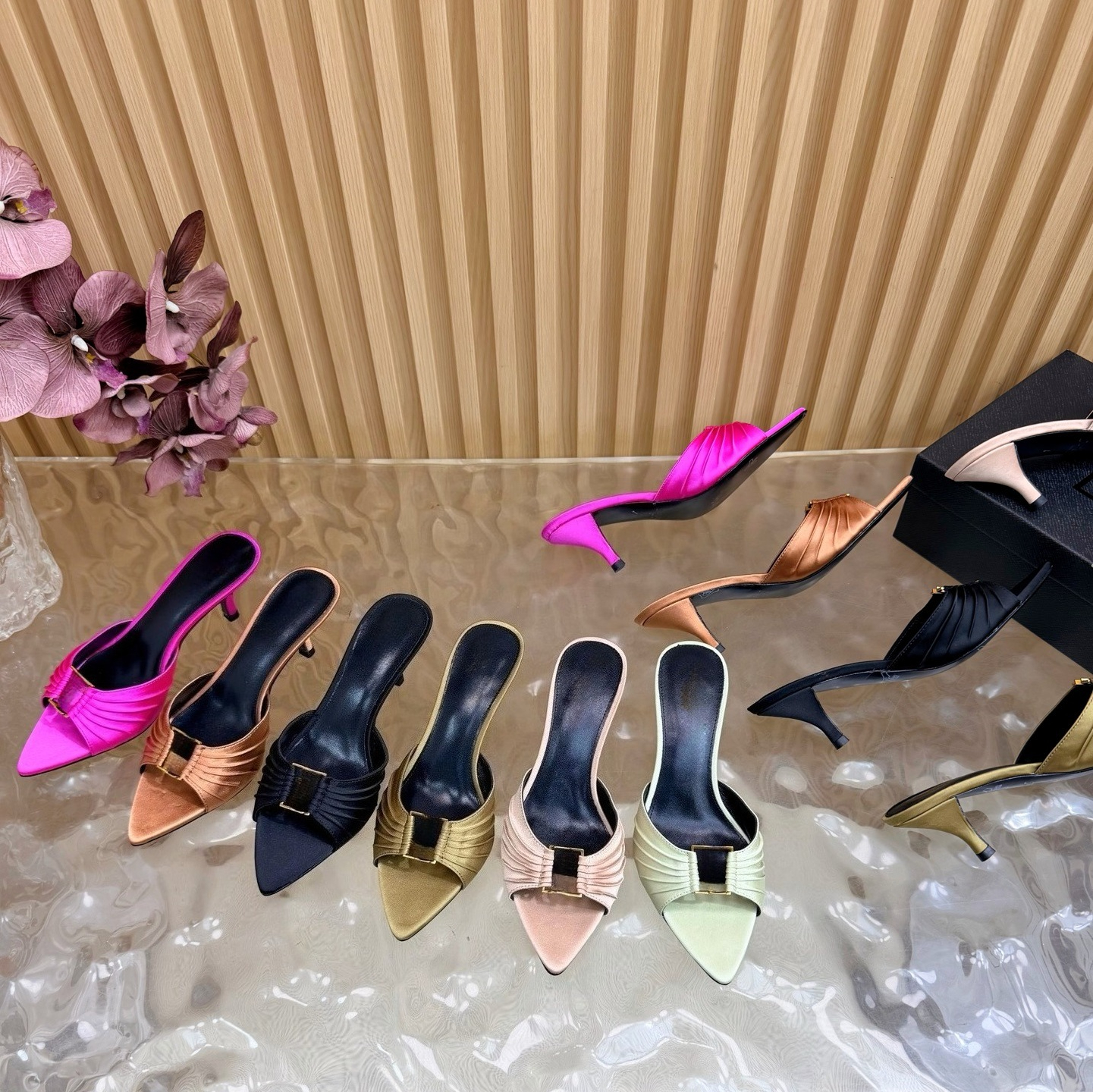 Babylone slides Satin 6cm heel Mules Pointed toe leather sole suede sandals High heel open toe slippers Luxury designer women party evening shoes
