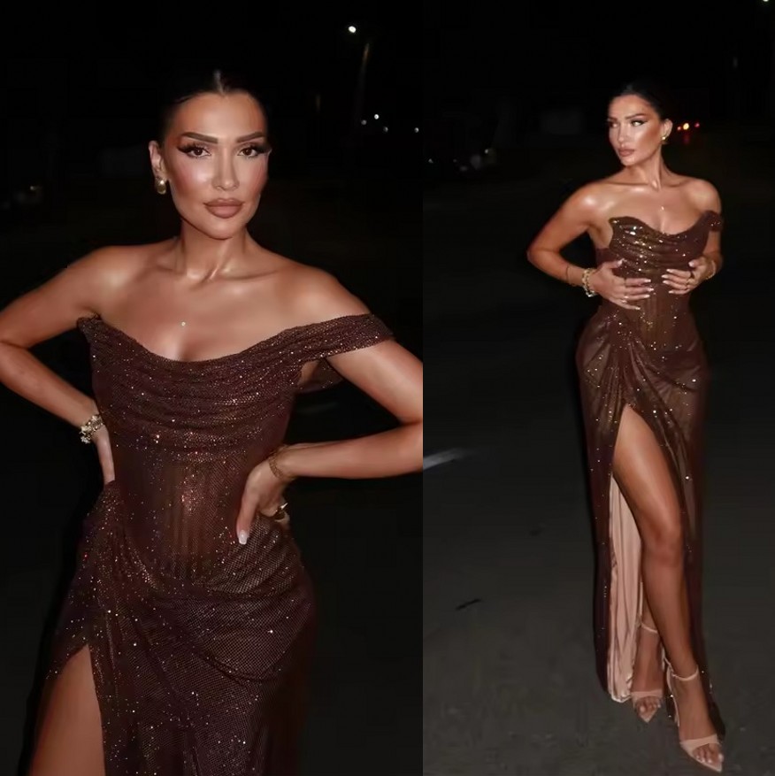 Dark Brown Glitter Sequined Prom Dresses For Women Off The Shoulder Corset High Slit Formal Evening Gown Long Mermaid Ruched Special Occasion Event