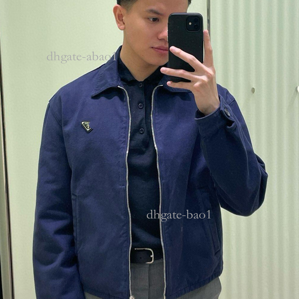 Designer New Classic Lapel Jacket With Metal Triangle Logo, Pockets, Washed Distressed Denim, And Zipper Closure da0d