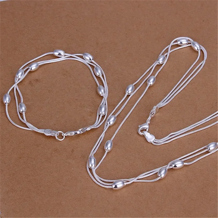 Charm 925 Sterling Silver Bracelets necklace Jewelry set for women Fringed oval beads Chain 18 inch Fashion Party Christmas Gift 260626