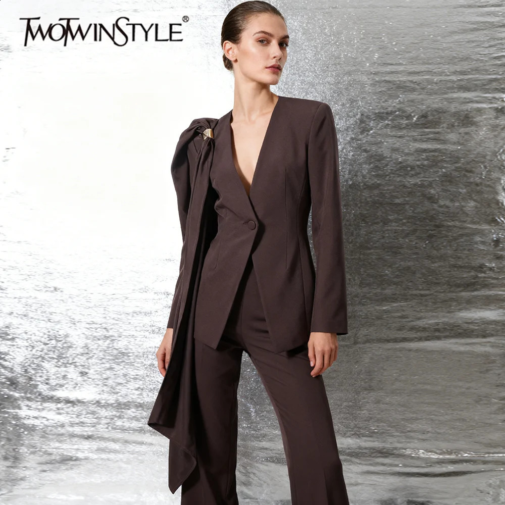 TWOTWINSTYLE Solid Slimming Spliced Ribbon Elegant Blazers for Women V Neck Long Sleeves Patchwork Sequined Basics Blazer Female 260625