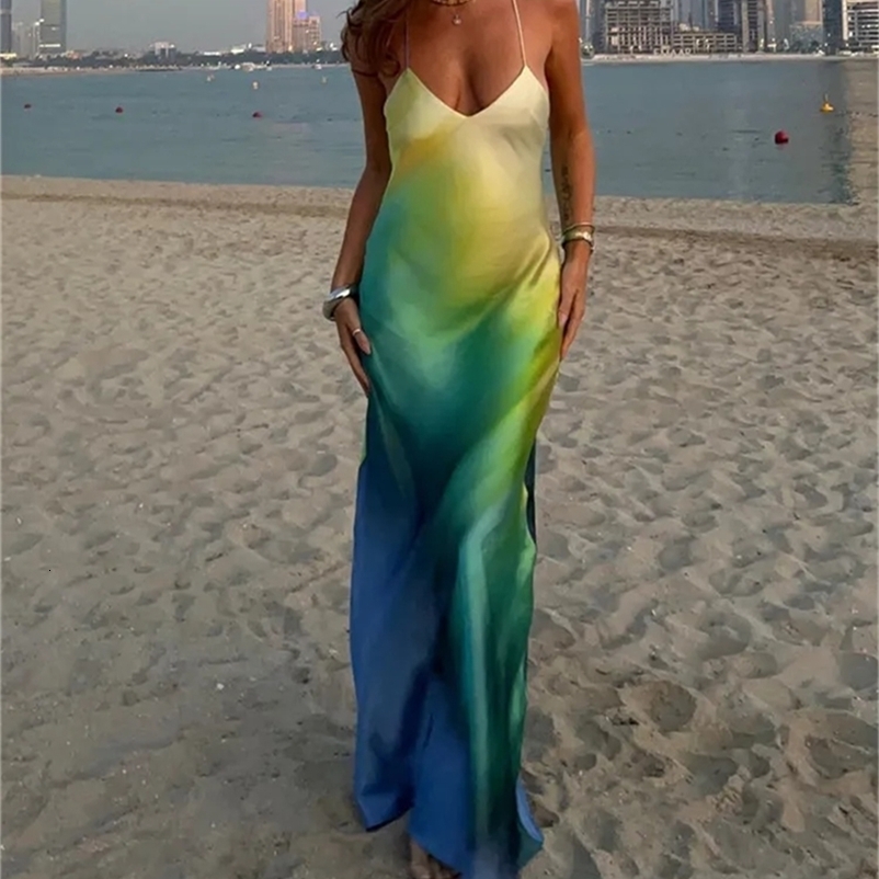 Puloru Gradient Color Summer Cami Long Dress Sexy Backless Cross Spaghetti Strap V-Neck Wrap Party Dress for Beach Nightclub 260625