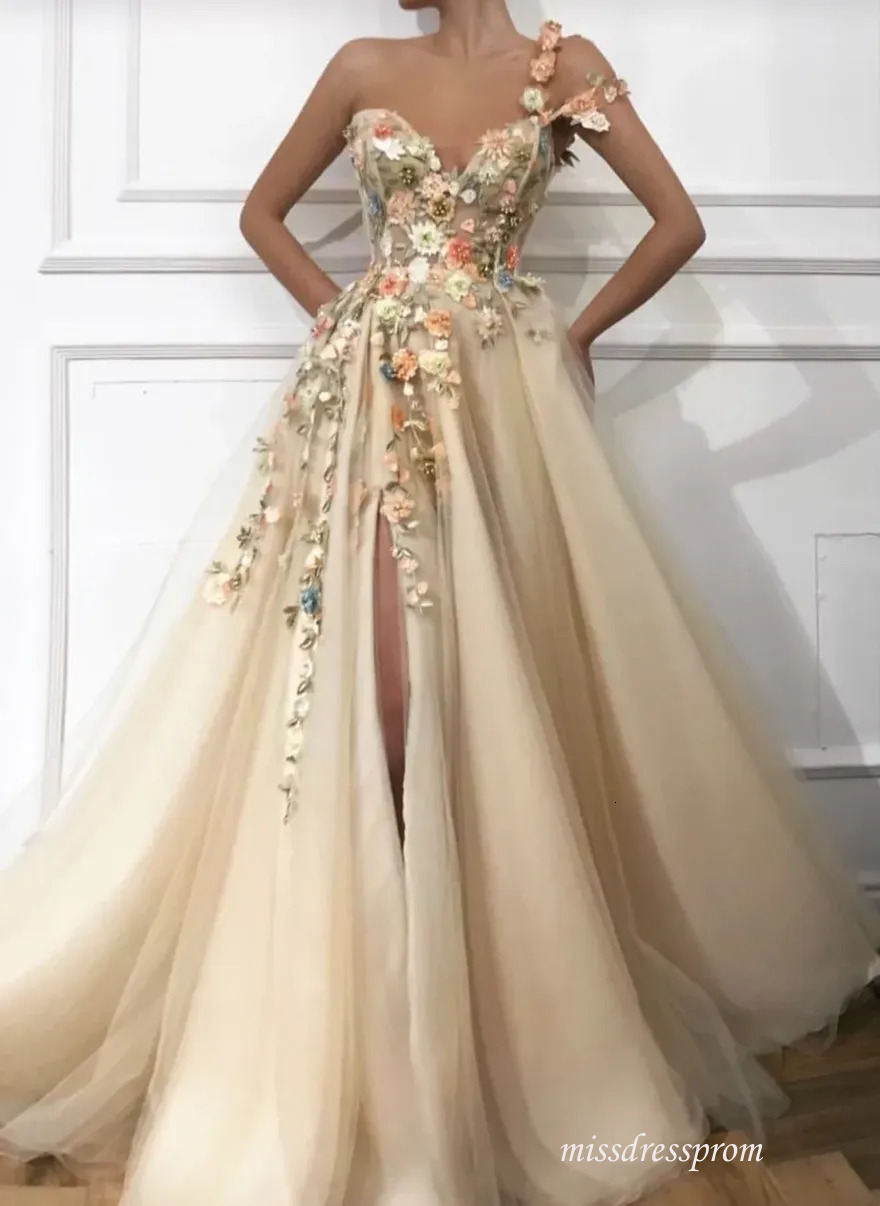 Angelsbridep Customized Evening Dresses Champagne Side Split 3D Flowers Prom Gown Long A Line One Shoulder Woman Robe De Soiree Bc1319