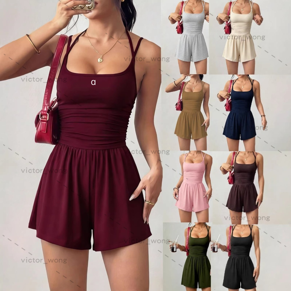 Women Sleeveless Jumpsuit Spaghetti Strap Ruched Waist Romper Shorts Square Neck Soft Stretch Casual Lounge Workout One Piece Short Outfit