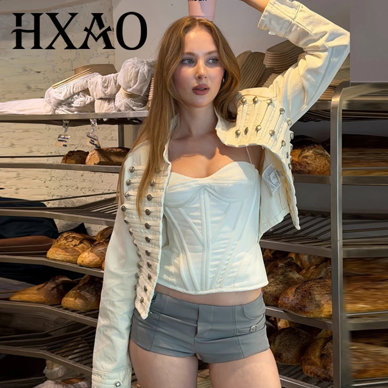 HXAO Womens Denim Jackets With Button Demi-Season Cropped Long Sleeve Fitted Jacket White Blue Fashion Vintage Streetwear 260623
