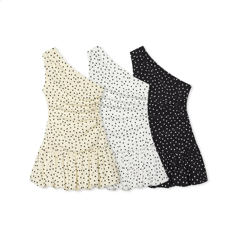Women One Shoulder Sleeveless Polka Dot Mini Dress Ruched Waist Ruffle Hem Elegant Casual Party Short Spring Summer 260625