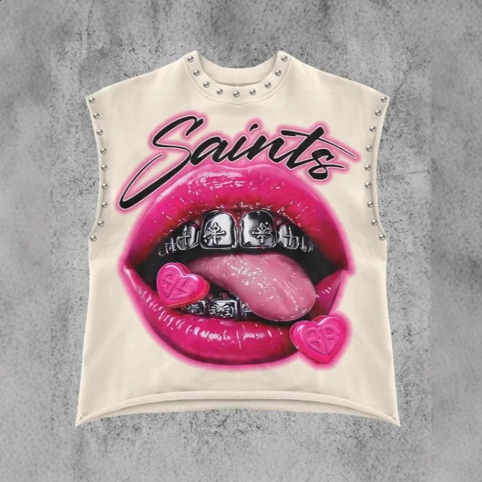 Retro Lip Print Casual Sleeveless Top European American Style Girl Tank 260624