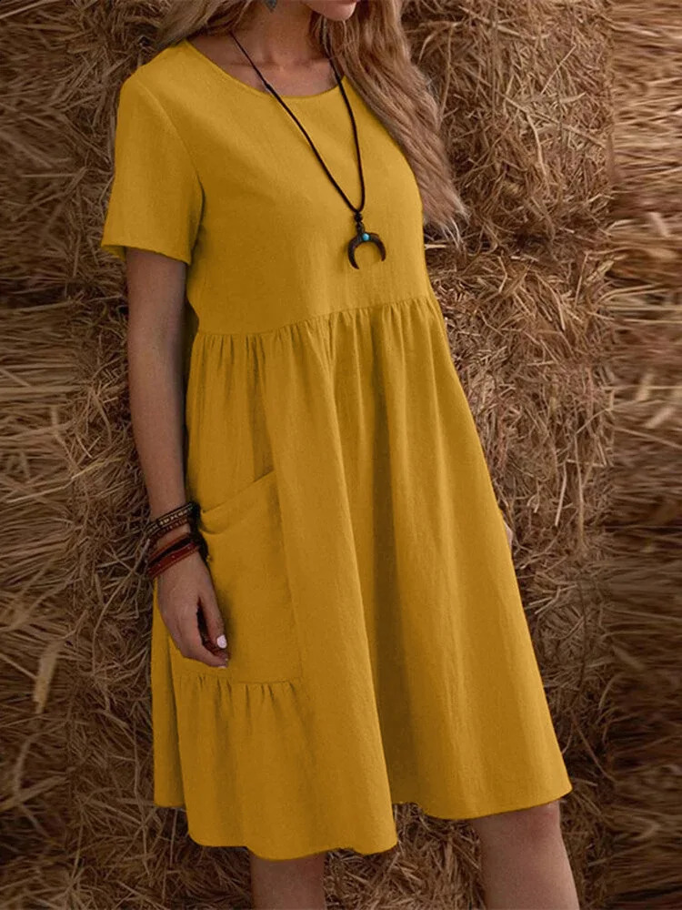 2026 Summer Simple O Neck Loose Fit Womens Short Sleeve Casual Dress Classic Solid Color ALine Midi with Pockets Outfit 260625