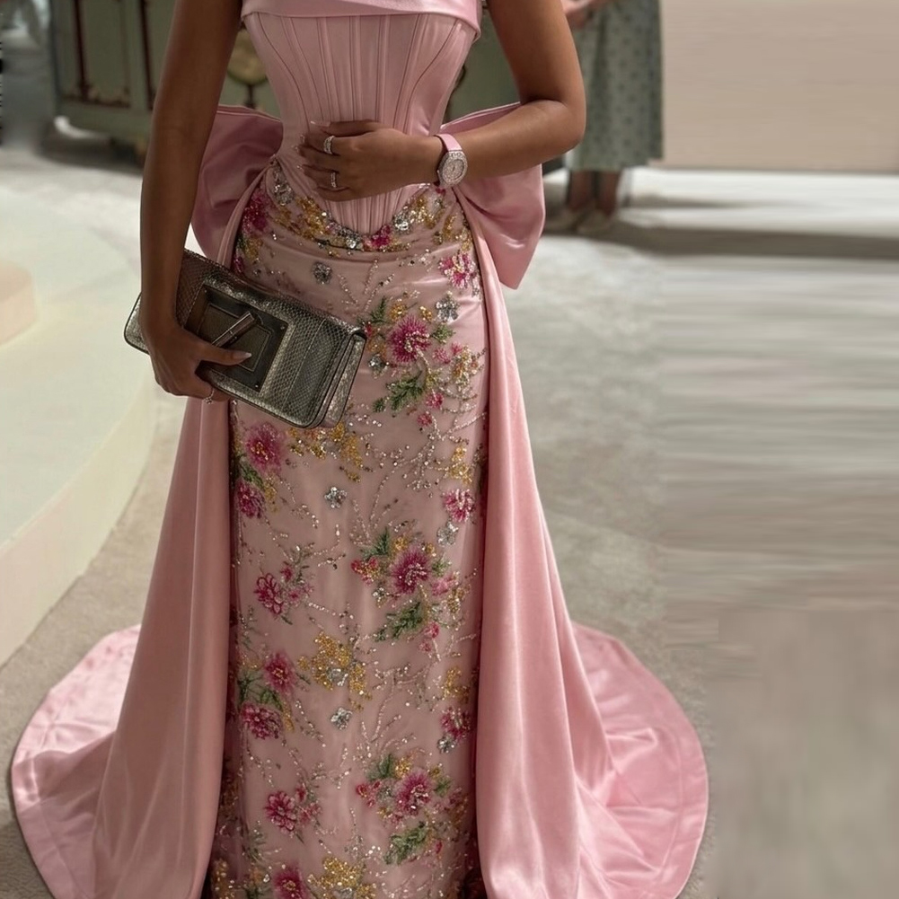 Strapless Sequin Evening Dress with Bow Tie Corset Mermaid Formal Gown Pink Satin Special Occasion Dresses