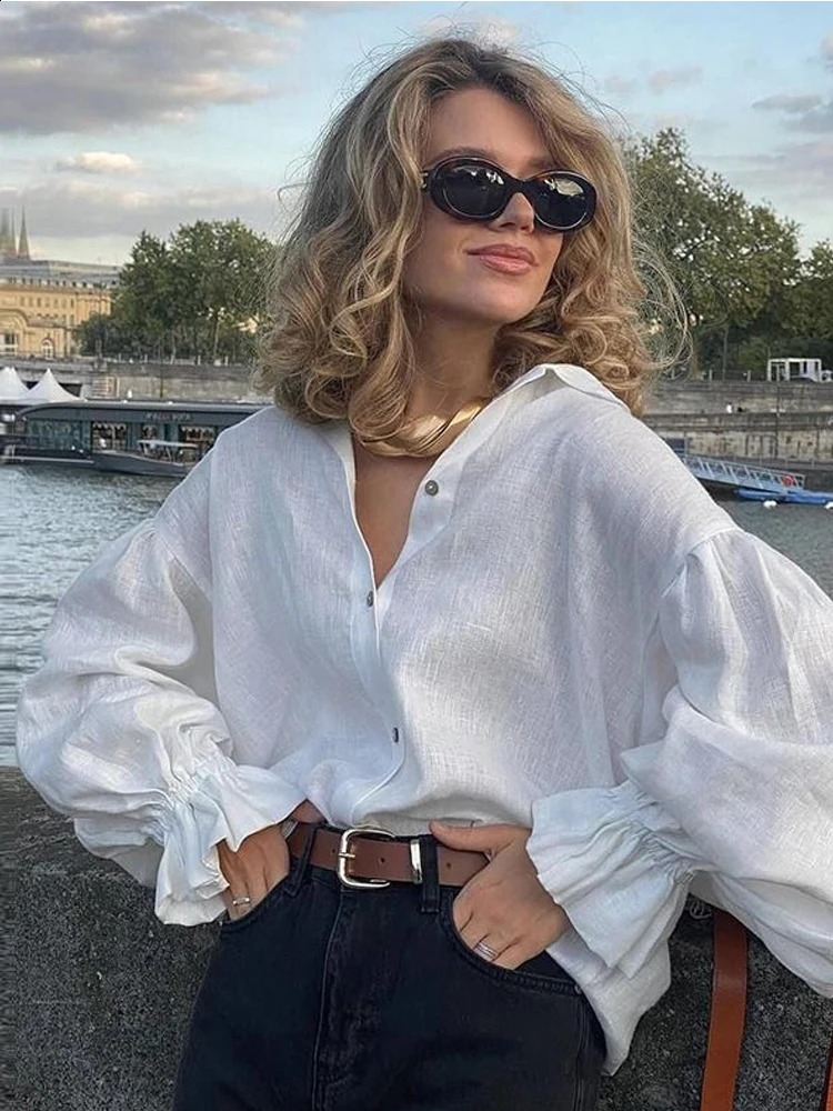 2026 Women White Linen Shirt Oversized Lantern Long Sleeve Pleated Cuff French Vintage Breathable Summer Office Casual Blouse 260626