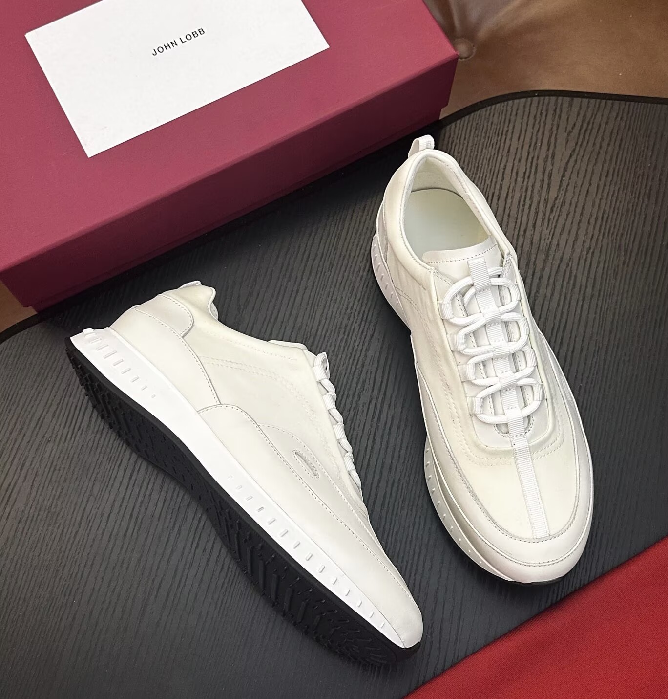 Luxury Brand John Lobb Men's Stream Laced Low Top Sneakers Lightweight Sole Nylon Calf Leather Textile Lace-up Leisure Flats High Quality Man C