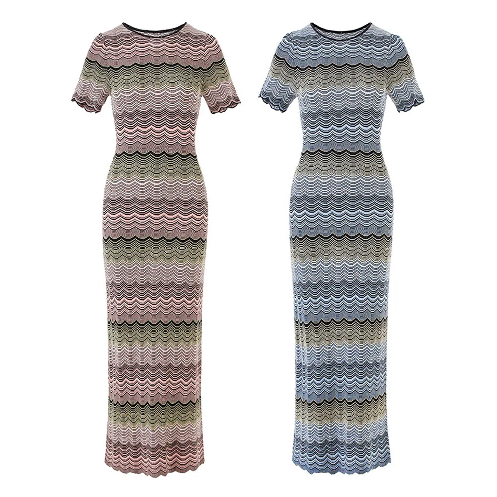 Summer Ombre Gradient Patchwork High Stretch Short Sleeve Knit Midi Dress Slim Fit Dress 260625