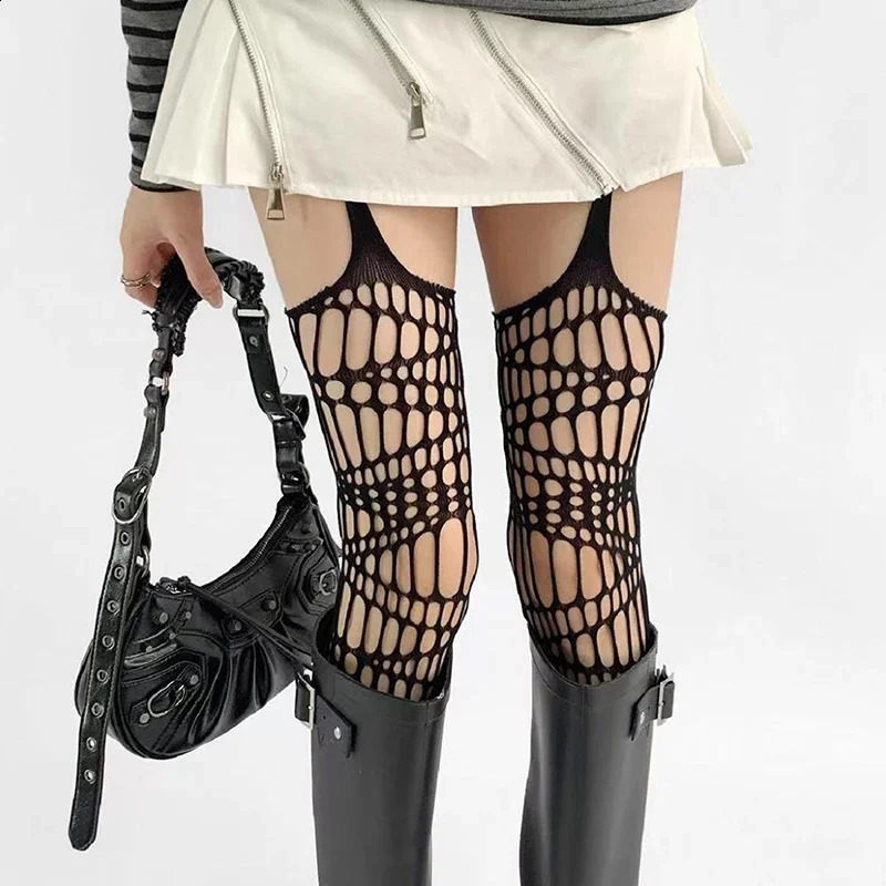 Women Sexy Lace Fishnet Stockings Hollow Out Solid Pantyhose Irregular Exposed Skin Tights Slim Suspender 260625