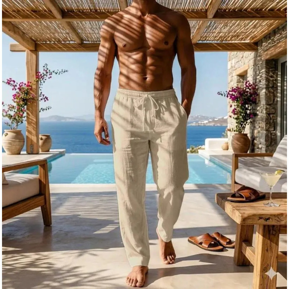 Men's Pants Summer Men Pure Cotton Linen Lightweight Breathable Loose Drawstring Solid Color Beach Casual Long Trousers M 4Xl D55