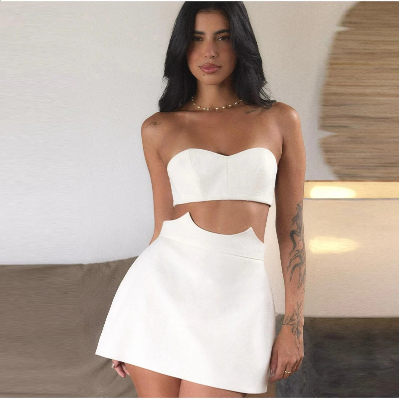 2026 Elegant White Mini Skirts Set Women Sexy Strapless Backless Off Shoulder Slim Vest Suit Summer Date Beach Party Wear 260625