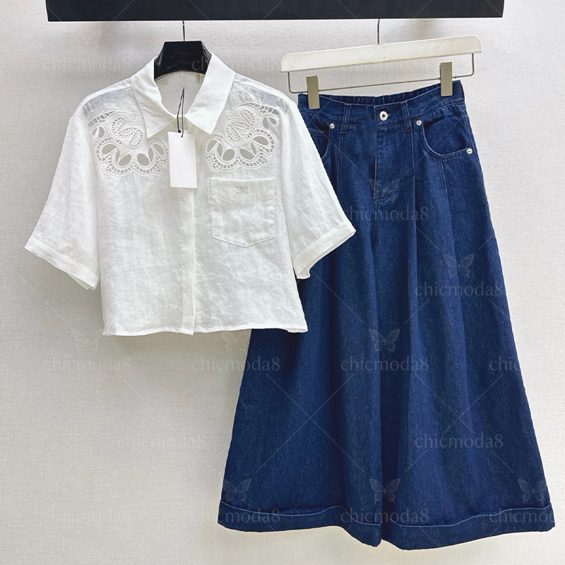 Luxury Brand Women's Two-Piece Ensemble: Elegant Lace Blouse + Retro Style Jean Shorts Combo