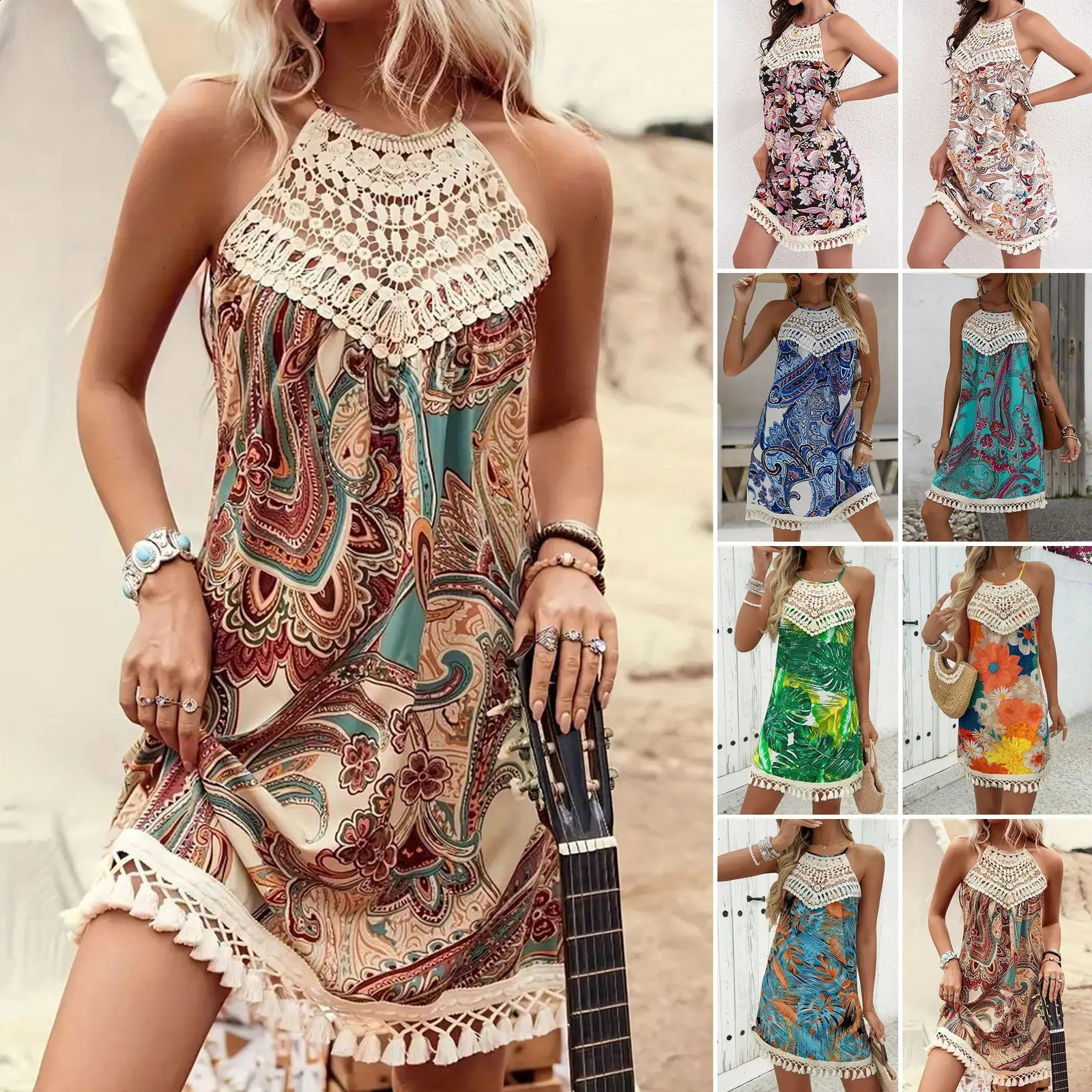 Vintage Paisley Print Halter Mini Dress Lace Fringe Patchwork Bohemian Vacation 260625