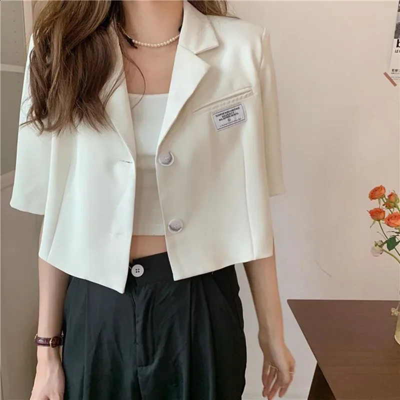 Short Sleeve Blazer Jacket Ladies Summer Thin Notched Collar Suit Coat Women Casual Wild Black White Outwear Tops 260625