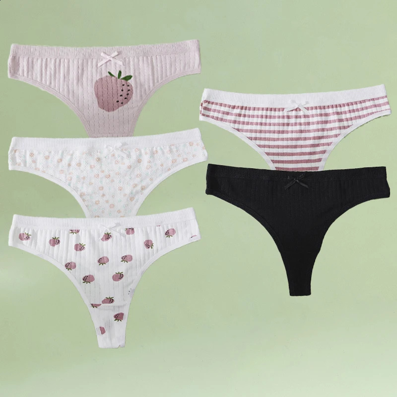 5pcs cute printed underwear fashionable and comfortable thong girls sexy daily cotton breathable briefs bow Tback 260624