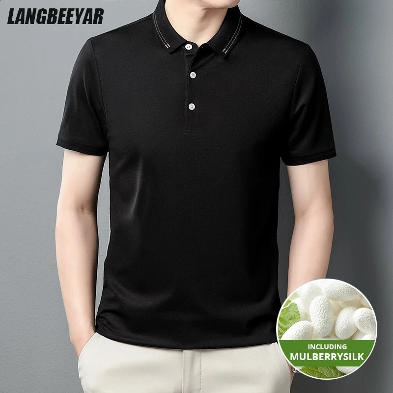 High End With Mulberry Silk Mecerized Cotton Mens Polo Shirts Summer Short Sleeve Tops Fashions Casual Mens Clothes 260625
