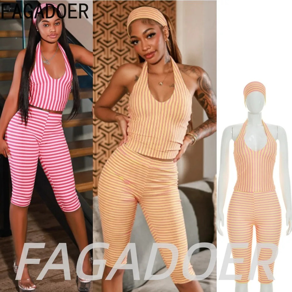 FAGADOER Retro Striped Print Shorts Two Piece Sets Summer Womens Sexy Deep V Halter Crop Top and Skinny Shorts Suits Streetwear 260625