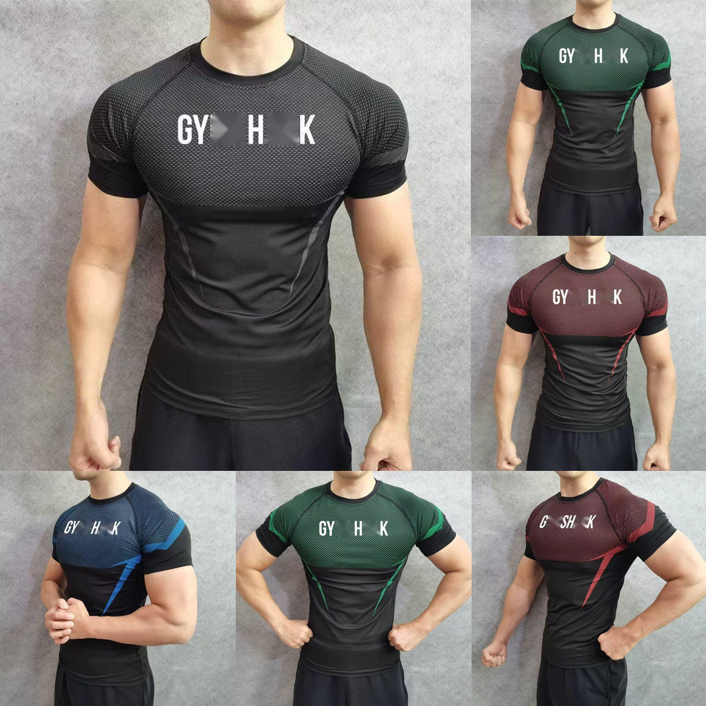 GYM Men's sports T-shirts summer new men's tight-fitting T-shirt joggers GYM sports fitness running training wear quick-dry short sleeve t