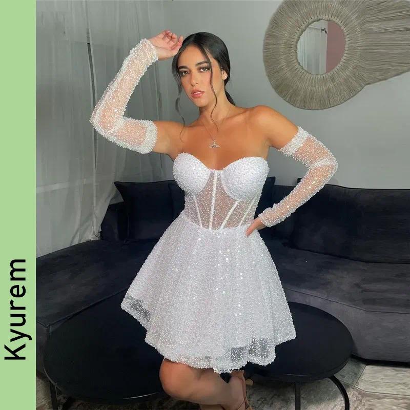 Glitter Pearls Tulle Short Wedding Dresses Sweetheart Sleeves Saudi Arabic Sparkly Sequine Bride Party Gowns Robe De Soiree Vestidos De Fiesta