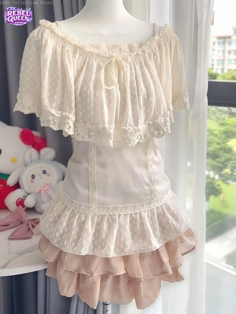 Summer Japanese Fresh Gentle 3Piece Set Women Polka Dot Camisole Top Shawl High Waist Skirt Sweet Fashion Casual Chic Outfit 260623