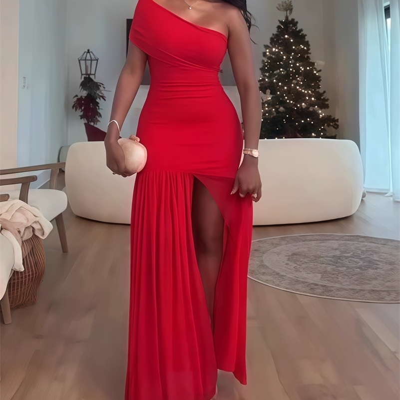 CMYAYA Women One Shoulder Skew Neck High Split Pleated Hem Bodycon Long Maxi Dress Evening Sexy Club Party Dresses Vestido 260625